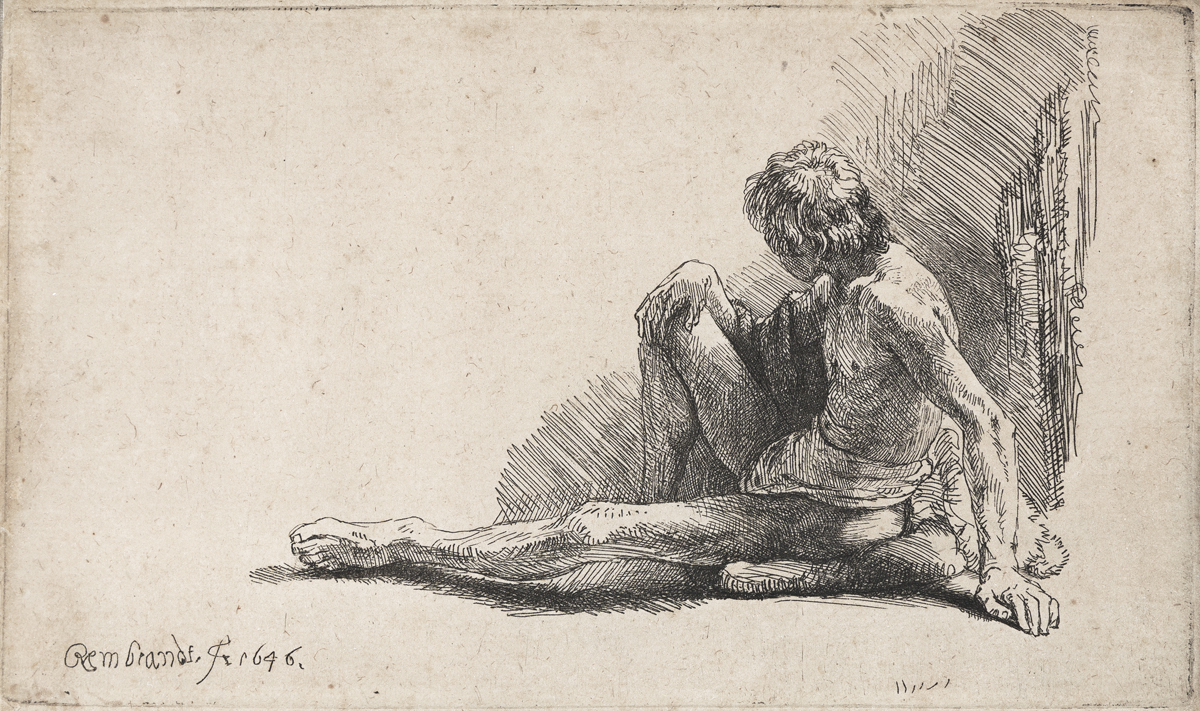 REMBRANDT VAN RIJN Nude Man Seated on the Ground with One Leg Extended.